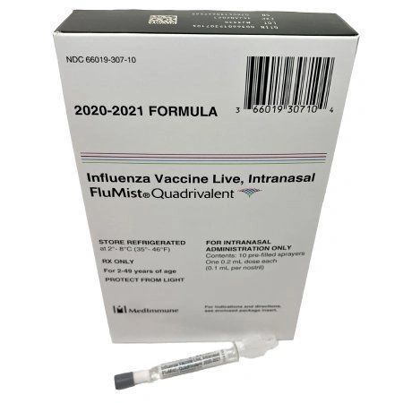 FluMist Quadrivalent 2020 - 2021 Flu Vaccine 10E6.5 - 7.5 FFU Indicated For People 2 to 49 Years of Age Intranasal Sprayer 0.2 mL , Medimmune 66019030710