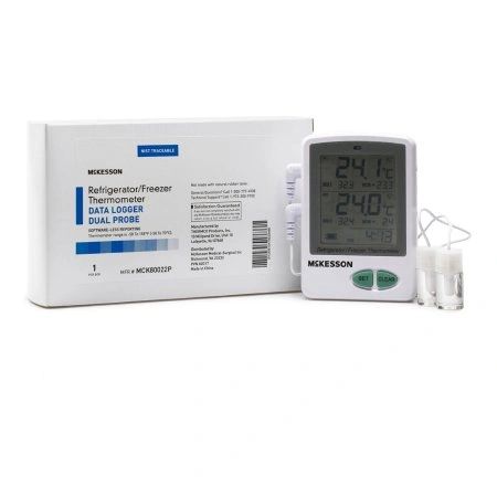 Datalogging Refrigerator / Freezer Thermometer with Alarm Fahrenheit / Celsius -22° to +158°F (-30° to +70°C) 2 Glycol Bottle Probes Internal Sensor Flip-out Stand Battery Operated , MC MCK80022P