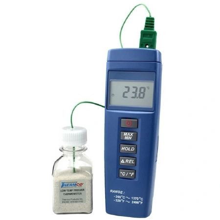 Digital Ultra-Low Freezer Thermometer Fahrenheit / Celsius -148° to +320°F (-100° to +160°C) with Bottle Bottle Probe Battery Operated , Thermco Products ACCULF307FC