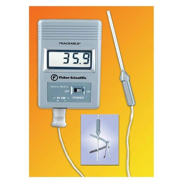 Thermometer Laboratory Traceable RTD Platinum -99.9 to 199.9C LCD Digital 12.7cm Gray 9V With Probe , Fisher Scientific 15-077-961