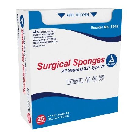 Sponge Surgical Gauze 100% Cotton 4x4" 8 Ply Highly Absorbent 2's Sterile Disposable 25/Box, 24 BX/Case , Dynarex 3342