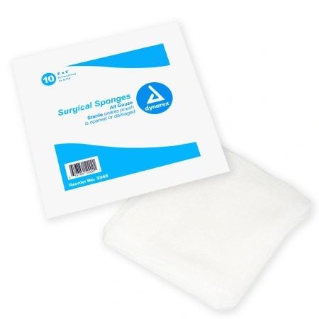 Sponge Gauze 100% Cotton 4x4" 12 Ply Pad Adhesive Absorbent White Sterile Disposable 1280/Case , Dynarex 3345