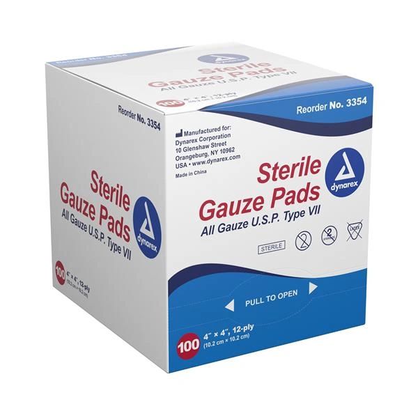 Sponge Gauze 100% Cotton 4x4" 12 Ply Absorbent Sterile Disposable 1200/Case , Dynarex 3354