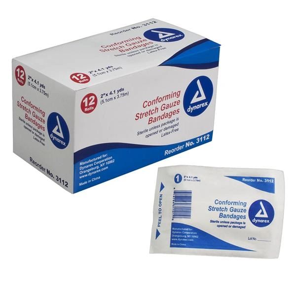 Gauze Bandage 2"x4.1yd Polyester Highly Absorbent Stretch Sterile 12/Box, 8 BX/Case , Dynarex 3112