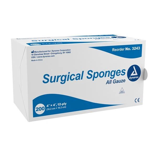 Sponge Gauze 100% Cotton 4x4" 12 Ply Highly Absorbent Non-Sterile Disposable 2000/Case , Dynarex 3243