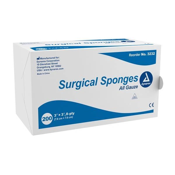 Sponge Gauze 100% Cotton 3x3" 8 Ply Highly Absorbent 200/Sleeve Disposable 20Slv/Case , Dynarex 3232