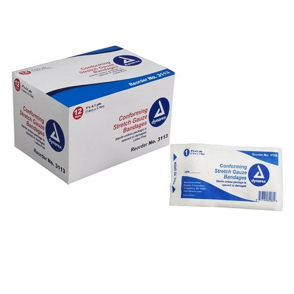 Bandage Gauze 3"x4.1yd Polyester Highly Absorbent Stretch Sterile Disposable 12/Box, 8 BX/CA , Dynarex 3113