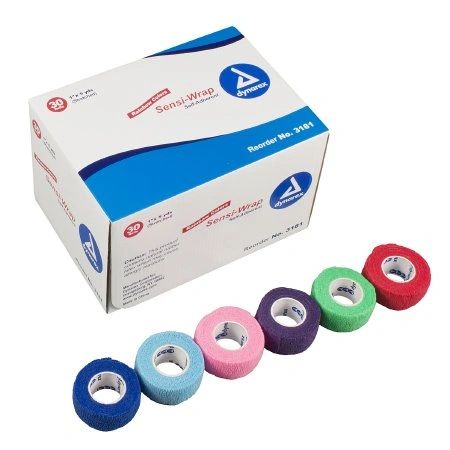 Cohesive Bandage Sensi-Wrap 1 Inch X 5 Yard Standard Compression Self-adherent Closure Red / Green / Purple / Dark Blue / Pink / Light Blue NonSterile , 30/Case , Dynarex 3181