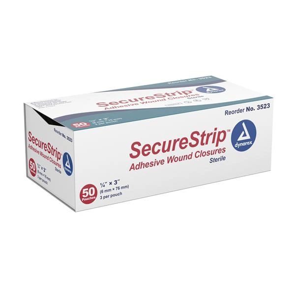 Strip Wound Closure Secure Strip 1/4x3" Non-Woven 3/Pouch x50 White Porous Adherent Sterile Disposable 3X50/Box , 4 Box/Case , Dynarex 3523