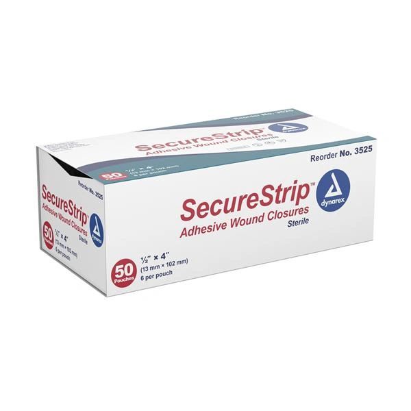 Strip Wound Closure Secure Strip 1/2x4" Non-Woven 6x50 Count White Porous Adherent Sterile Disposable 6X50/Box, 4 BX/Case , Dynarex 3525