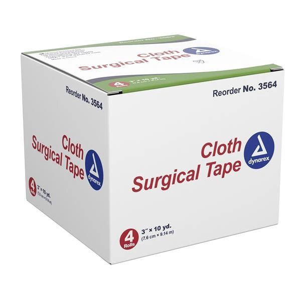 Surgical Tape Non-Sterile 3"x10yd Cloth Adhesive White Skin Absorbent Disposable 4/Box, 12 BX/Case , Dynarex 3564