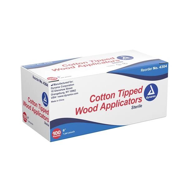 Cotton Tip Applicator Sterile Secure Wooden Stem 6 in 100/Box , 10 Box/case , Dynarex 4304