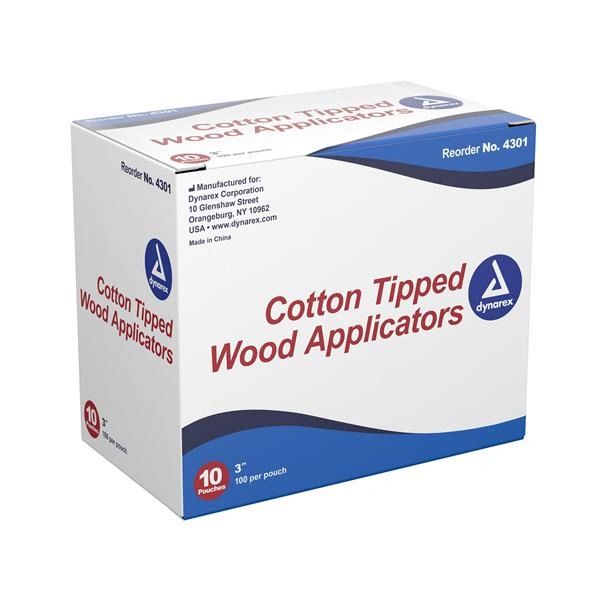 Cotton Tip Applicator Non Sterile Secure Wooden Stem 3 in 1000/Box , 10 Box/Case, Dynarex 4301