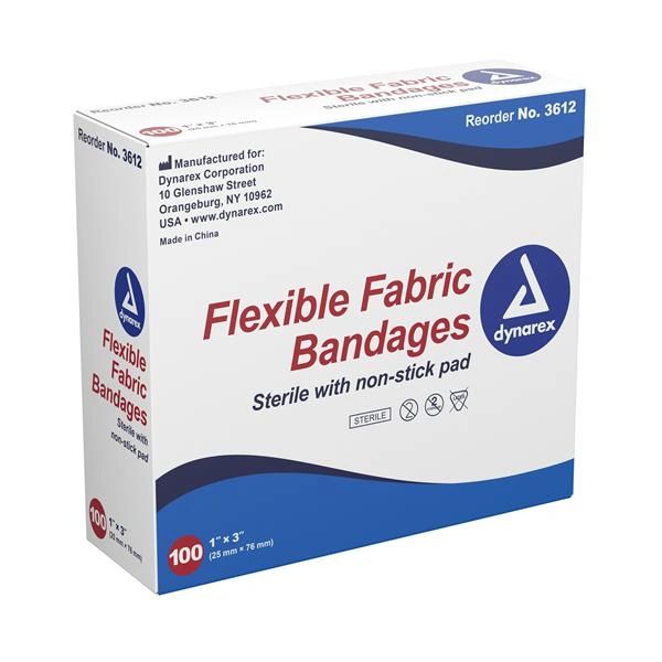 Bandage Strips Fabric 1x3" Sterile Disposable Tan 100/Box, 24 BX/Case , Dynarex 3612