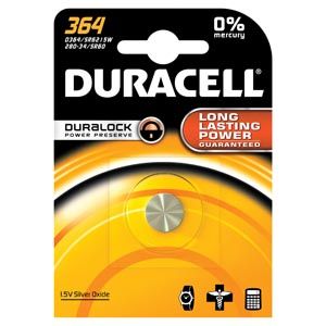 Battery, Silver Oxide, Size 364, 1.5V, 6/bx, 30 bx/cs , Duracell D364BPK