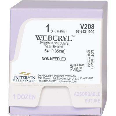 Patterson Veterinary WebCryl Sutures V208, 54" (No Needle) , Size 1 , 12/Pack , Patterson 21282880