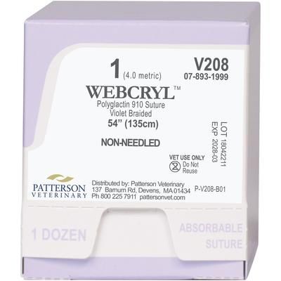 Patterson Veterinary WebCryl Sutures V208, 54" (No Needle) , Size 1 , 12/Pack , Patterson 21282880