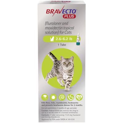 Bravecto Plus Topical Solution for Cats, 2.6-6.2 lb, Green , 10 Doses , Merck 197671