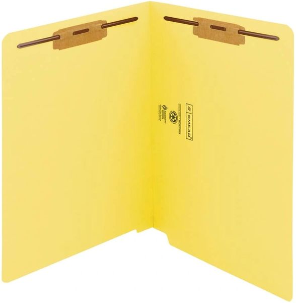 End Tab Fastener File Folder, Reinforced Straight-Cut Tab, 2 Fasteners, Letter Size, Yellow, 50 per Box , Office 25950