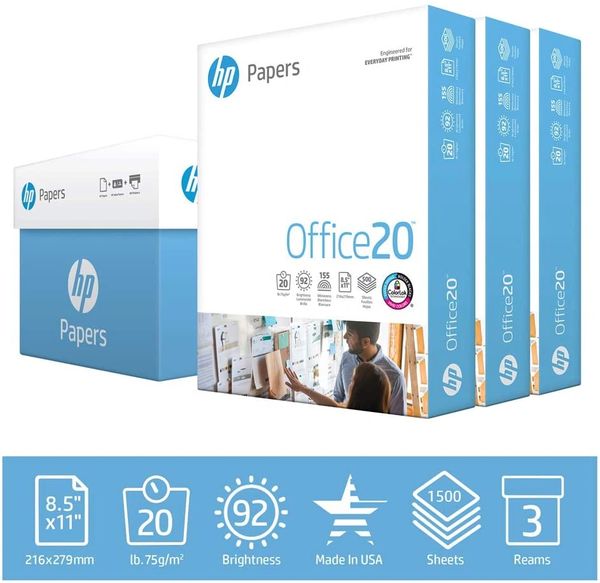 HP Printer Paper 8.5x11 Office 20 lb 3 Ream Case 1500 Sheets 92 Bright Certified Copy Paper HP Compatible , Office 112090C