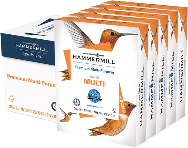 Hammermill Printer Paper, Premium Multipurpose Paper 24 lb, 8.5 x 11 - 5 Ream (2,500 Sheets) 92 Bright, Made in the USA, Office 105810C