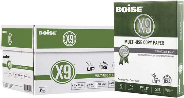 Boise Paper X-9 Multi-Use Copy Paper - 10 Ream (5,000 Sheets) 8.5" x 11" Letter |92 Bright White - 20 lb. , Office Boise