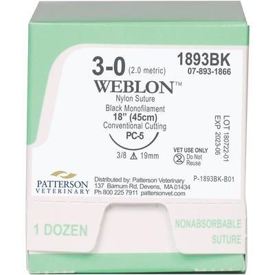 WebLon Sutures 1893BK, 18" (PC-5) , Size 3 , 12/Box , PATTERSON 21282793