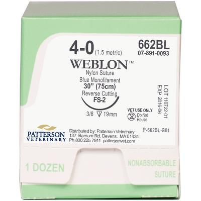 WebLon Nylon Sutures , 662BL, 30" (FS-2) , Size 4-0 , 12/Box , PATTERSON 21275257