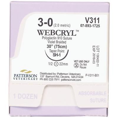 WebCryl Sutures V311, Size 3-0 , 12/Box , 30" (SH-1) , PATTERSON 21282453