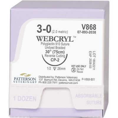 WebCryl Sutures V868, 30" (CP-2), Size 3-0 , 12/Box ,Undyed , PATTERSON 21282915