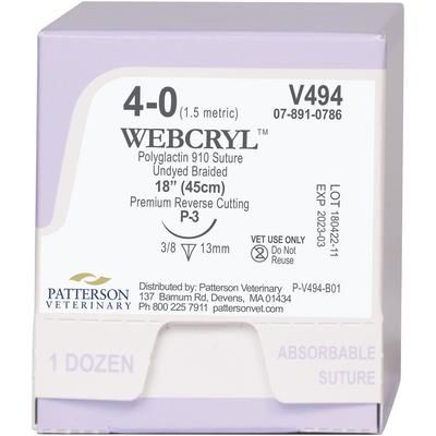 WebCryl™ Sutures V494, 18" (P-3),Size 4-0 , 12/Box , Undyed , PATTERSON 21275162