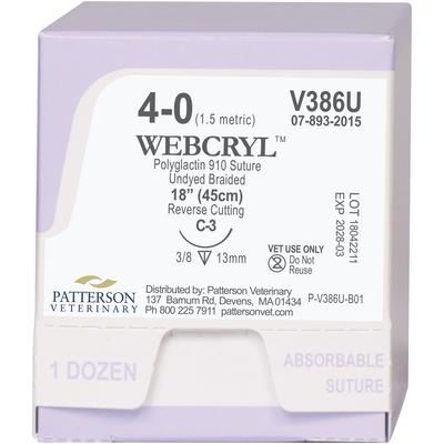 WebCryl Sutures V386U, Size 4-0 , 12/Box , 18" (C-3), Undyed , PATTERSON 21282892