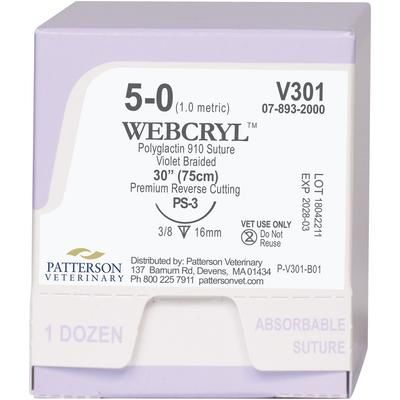 WebCryl Sutures V301, Size 5-0 , 12/Box , 30" (PS-3) , PATTERSON 21282881