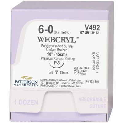 WebCryl™ Sutures V492, 18" (P-3), Size 6-0 , 12/Box , Undyed , PATTERSON 21275169