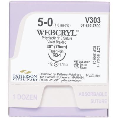 WebCryl™ Sutures V303, 30" (RB-1) , Size 5-0 , 12/Box , PATTERSON 21276157