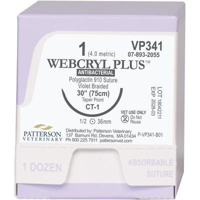 Webcryl Plus Sutures VP341, Size 1-0 , 12/Box , 30" (CT-1) , PATTERSON 21282932