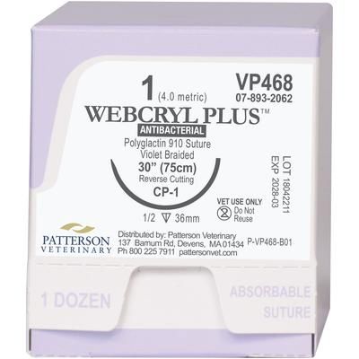 Webcryl Plus Sutures VP468, Size 1-0 , 12/Box , 30" (CP-1) , PATTERSON 21282939