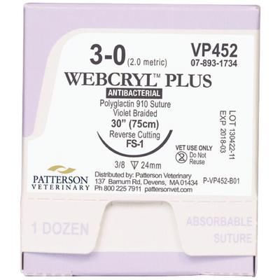 Webcryl Plus Sutures VP452, Size 3-0 , 12/Box , 30" (FS-1) , PATTERSON 21282462