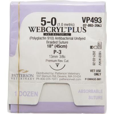 Webcryl Plus Sutures VP493, Size 5-0 , 12/Box , 18" (P-3), Undyed , PATTERSON 21282940