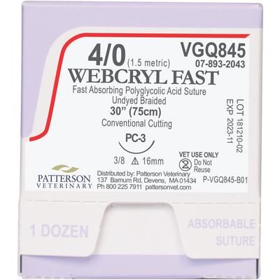 Webcryl Fast Sutures VGQ845, Size 4-0 , 12/Box , 18" (PC-3) , PATTERSON 21282920