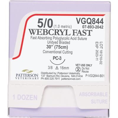 Webcryl Fast Sutures VGQ844, Size 5-0 , 12/Box , 18" (PC-3) , PATTERSON 21282919