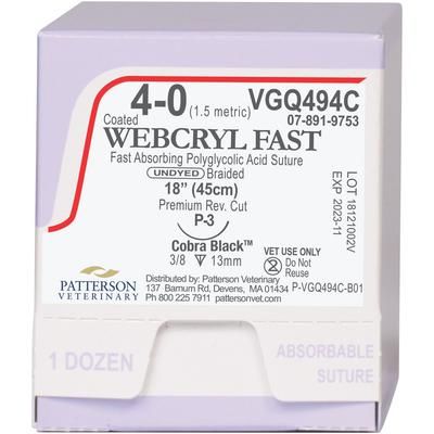 Webcryl Fast Cobra Black Sutures VGQ434C, 18" (TF) , Size 4-0 , 12/Box , PATTERSON 21275045