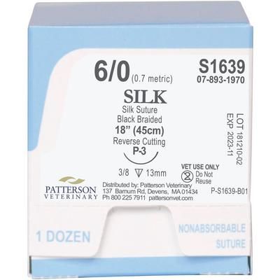 Silk Sutures S1639, Size 6-0 , 12/Box , 18" (P-3) , PATTERSON 21282867