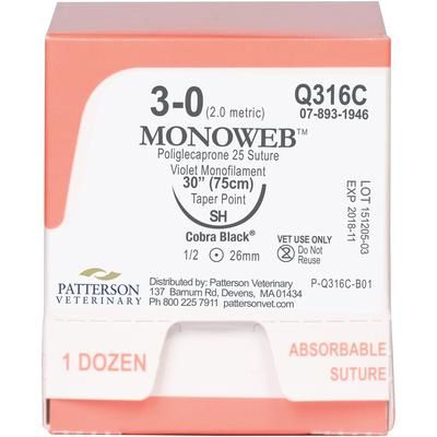 MonoWeb Sutures Q316C, Size 3-0 , 12/Box , 30" (SH) , PATTERSON 21282845