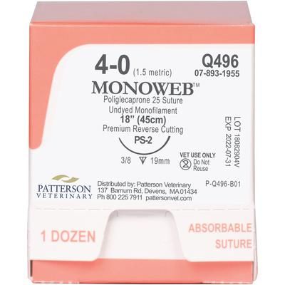 MonoWeb Sutures Q496, Size 4-0 , 12/Box , 18" (PS-2) , PATTERSON 21282854