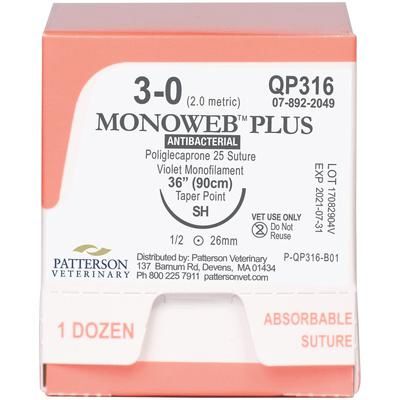 Monoweb Plus Sutures QP316, Size 3-0 , 12/Box , 30" (SH) , Patterson 21276156