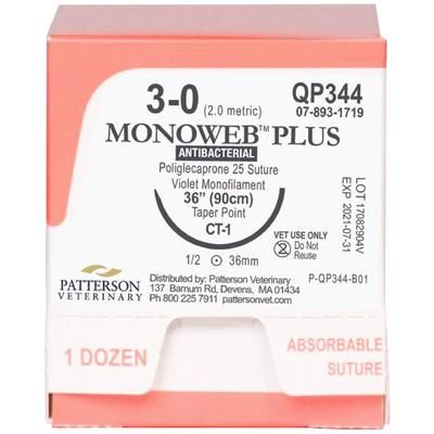 Monoweb Plus Sutures QP344, 36" (CT-1) , Size 3-0 , 12/Box , PATTERSON 21282447