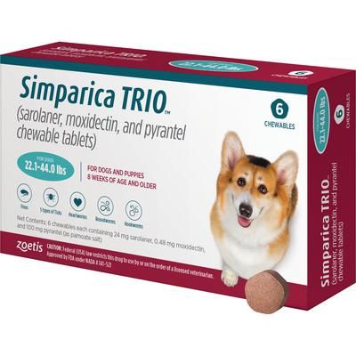 Simparica TRIO Chewable Tablets Teal, 22.1-44.0 lb, 10 x 6/Pkg, ZOETIS 10022681