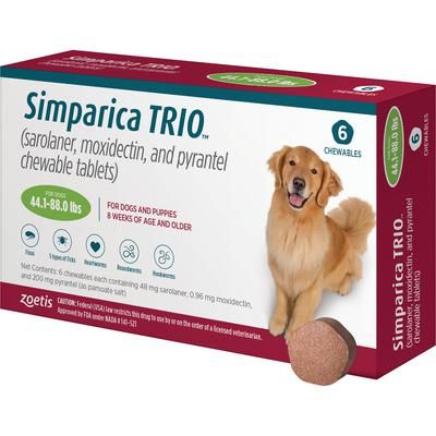 Simparica TRIO Chewable Tablets Green, 44.1-88.0 lb, 10 x 6/Pkg , ZOETIS 10022682