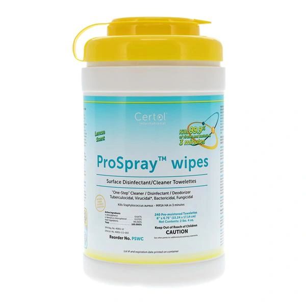 Cleaner & Disinfectant Surface Towelette Prospray 6 in x 6.75 in Canister , 240/Can, 12 CN/Case , Certol PSWC-1